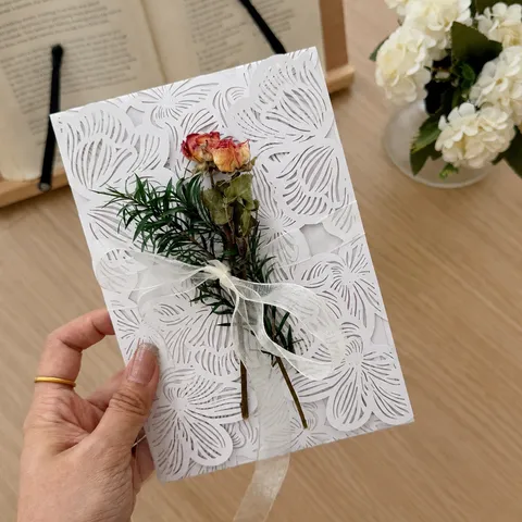 Vintage Hollow Floral Greeting Card With Dried Flower And Ribbon Elegant Wedding Invitation Card Message Card