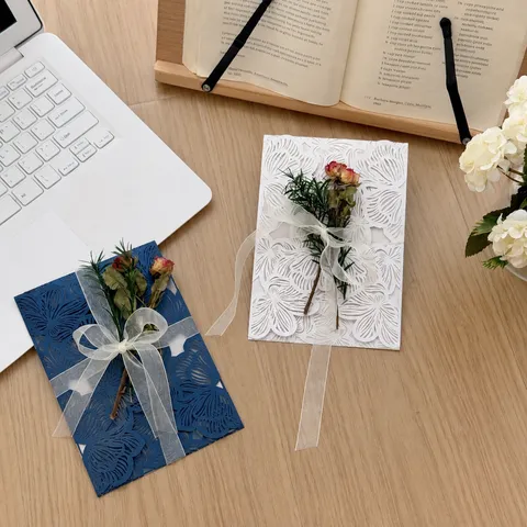 Vintage Hollow Floral Greeting Card With Dried Flower And Ribbon Elegant Wedding Invitation Card Message Card