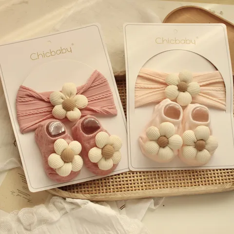 Cute Baby Headband And Socks Set Newborn Infant Floral Hair Accessories With Soft Fabric Elastic Hairband