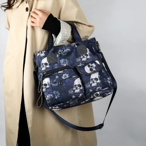 Borsa Grande Capacità Tessuto Oxford Stampa Teschio Fiori Multi-Tasca Borsa A Tracolla Da Donna Stile Gotico Street