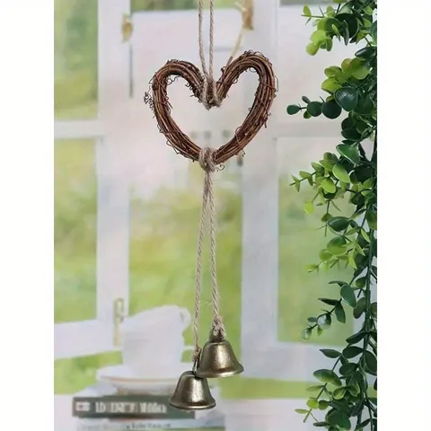Vintage Rattan Heart Pentagram Hanging Bell Wind Chime Handmade Rustic Door Handle Wall Pendant Home Decor
