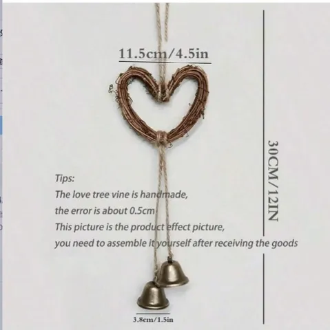 Vintage Rattan Heart Pentagram Hanging Bell Wind Chime Handmade Rustic Door Handle Wall Pendant Home Decor