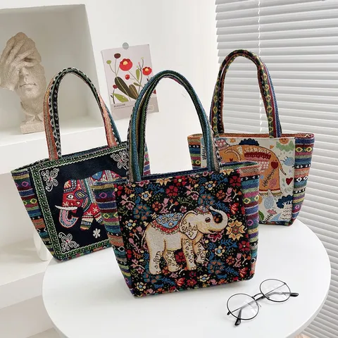 Ethnic Style Canvas Tote Bag Women Handbag Casual Embroidered Shoulder Bag Elephant Owl Animal Pattern Shopping Bag