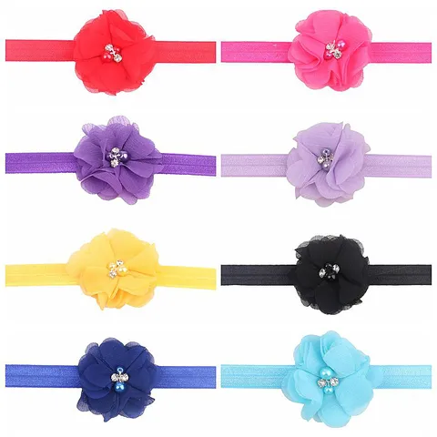 Handmade Chiffon Flower Headband Infant Hair Accessories Pearl Rhinestone Elastic Hair Band For Baby Girls Daily Wear