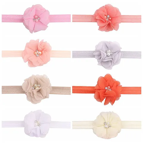 Handmade Chiffon Flower Headband Infant Hair Accessories Pearl Rhinestone Elastic Hair Band For Baby Girls Daily Wear