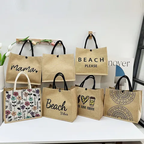 Sac Cabas en Coton Lin Décontracté Grande Capacité Sac à Bandoulière pour Femmes Lettre Imprimé Floral Sac à Main Sac Bento Portable