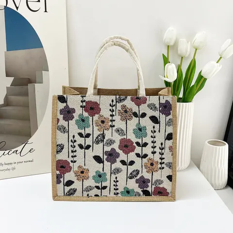 Sac Cabas en Coton Lin Décontracté Grande Capacité Sac à Bandoulière pour Femmes Lettre Imprimé Floral Sac à Main Sac Bento Portable