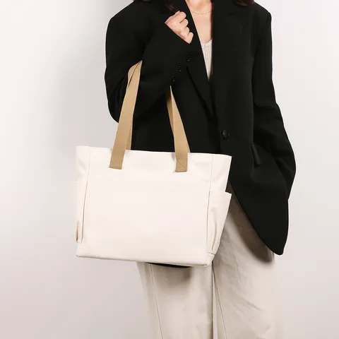 Sac Cabas en Toile pour Femmes Grande Capacité Style Forêt Simple Sac à Épaule Commuter Sac à Main Uni Vierge