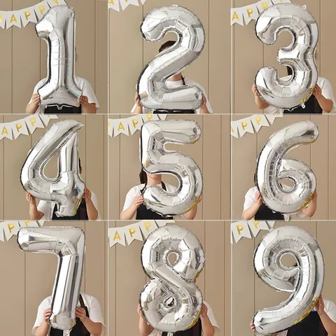 Large Silver Number Aluminum Foil Balloon Digital Mylar Balloons For Kids Adults Birthday Party Wedding Decor Photo Prop