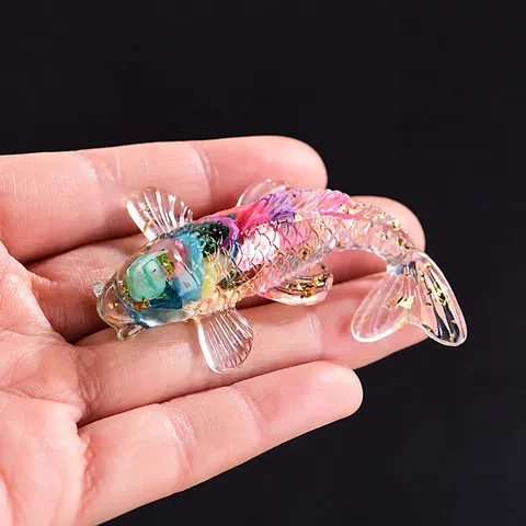 Handmade Lucky Koi Fish Figurine Natural Crystal Stone Resin Statue With Gold Foil Accents Minimalist Home Office Decor Ornament