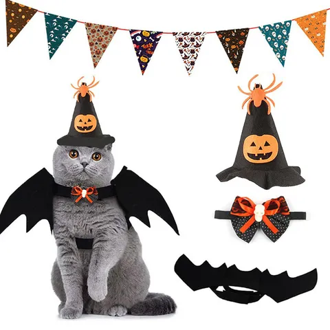 Halloween Pet Costume Set Dog Cat Witch Hat Bat Wings Pirate Hat Festive Party Apparel