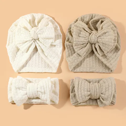 Newborn Baby Bowknot Turban Hat And Headband Set Waffle Knit Infant Hair Accessories Cute Baby Bow Headwear