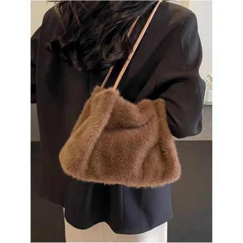 Bolso Tote de Peluche de Moda para Mujer Invierno Suave Piel Sintética Gran Capacidad Bolso de Hombro Casual Color Sólido
