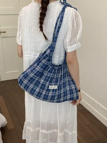 Sac Cabas en Toile à Carreaux Style Ins Coréen pour Femmes Grande Capacité Sac à Bandoulière Décontracté