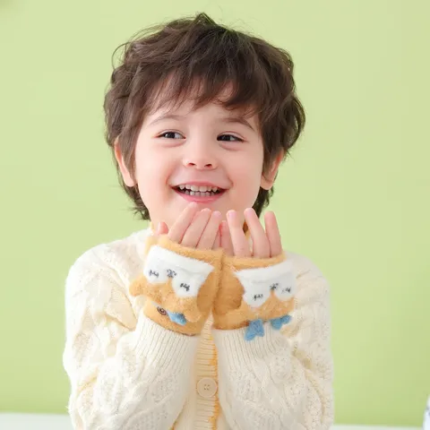 Baby Winter Warm Knitted Half Finger Mittens Cute Elk Cartoon Toddler Gloves For Infant Kids Daily Wear