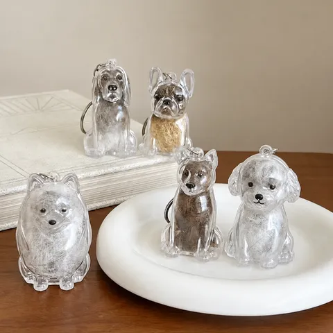 Cute Transparent Dog Cat Pet Hair Memorial Collection Keychain Creative Resin Animal Keyring Holder Gift