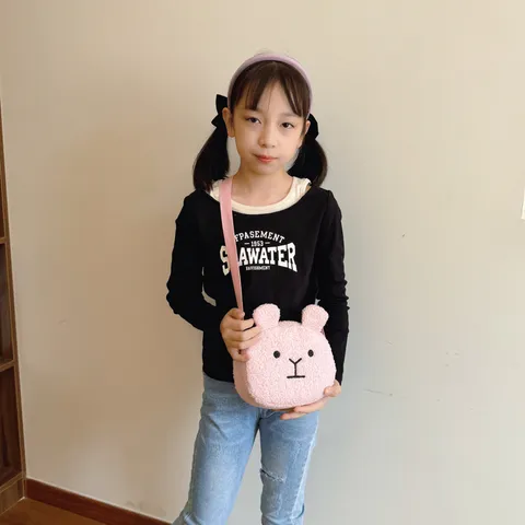 Cute Cartoon Bear Plush Crossbody Bag Sweet Girls Casual Fluffy Shoulder Bag Soft Daily Messenger Bag