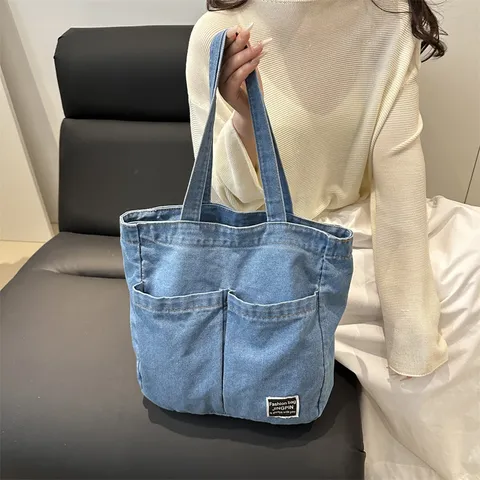 Large Capacity Denim Shoulder Bag Casual Versatile Tote Handbag Vintage Simple Commuting Bag For Women