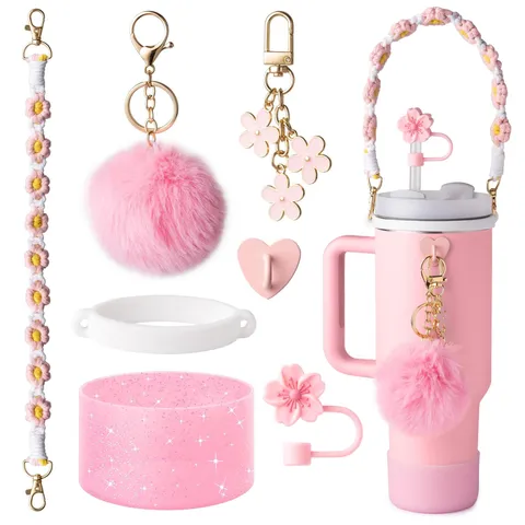 Woven Lanyard Flower Straw Cover Glitter Cup Boot Plush Ball Cup Chain Pendant Set For Large Capacity Water Bottle