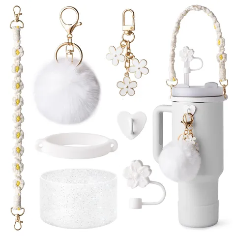 Woven Lanyard Flower Straw Cover Glitter Cup Boot Plush Ball Cup Chain Pendant Set For Large Capacity Water Bottle
