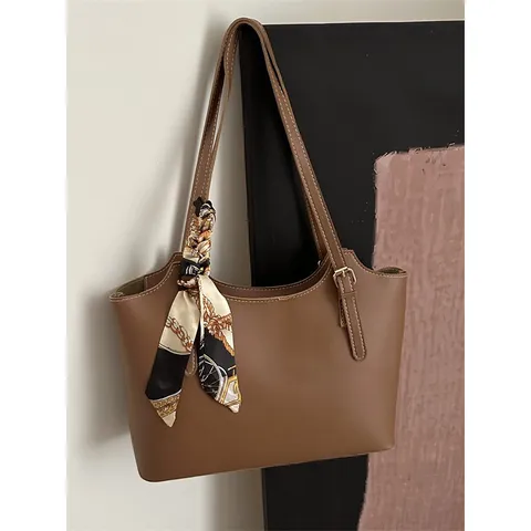 Gran Capacidad Bolso Tote De Cuero PU Para Mujer Commute Casual Bolso De Hombro Con Pañuelo Moda Bolso De Mano Diario Bolsa De Trabajo
