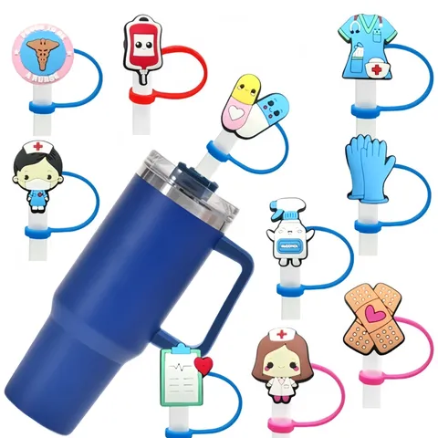 Medical Series Cartoon Silicone Straw Covers 8mm 10mm Cute Nurse Medical Theme Straw Dust Plugs Reusable Drinking Straw Accessories