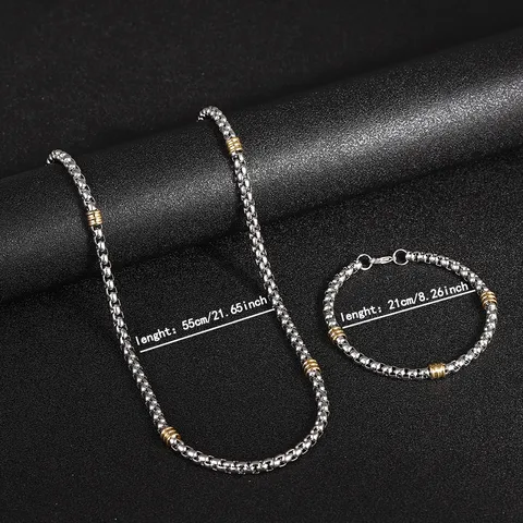Men's Stainless Steel Square Bead Chain And Gold Tone Ball Bracelet Necklace Set Minimalist Fashion Jewelry Gift