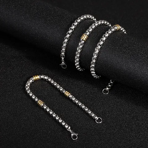 Men's Stainless Steel Square Bead Chain And Gold Tone Ball Bracelet Necklace Set Minimalist Fashion Jewelry Gift