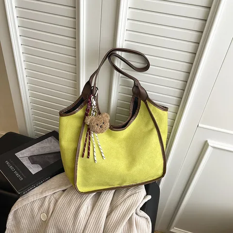 Borsa Tote in Tela di Grande Capacità Casual Donna Retro Urbano Minimalista Borsa a Tracolla con Ciondolo