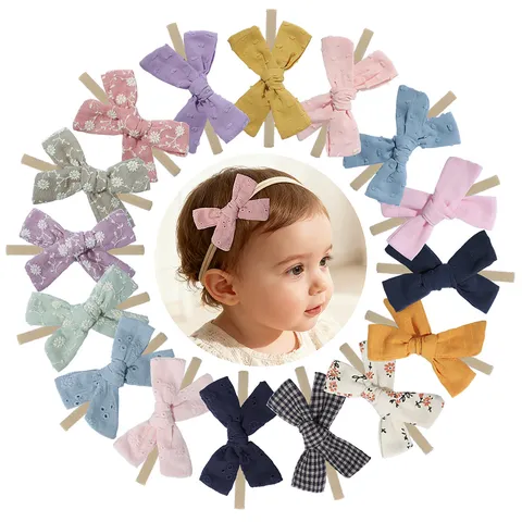 Newborn Baby Girls Cotton Fabric Embroidery Bowknot Headband Soft Nylon Seamless Hair Accessories Infant Hair Band Gift