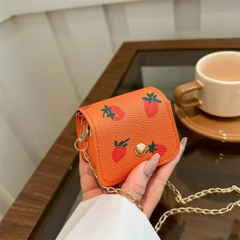 Women's Cute Strawberry Embroidery PU Leather Mini Crossbody Bag Small Wallet Card Holder With Gold Chain Strap