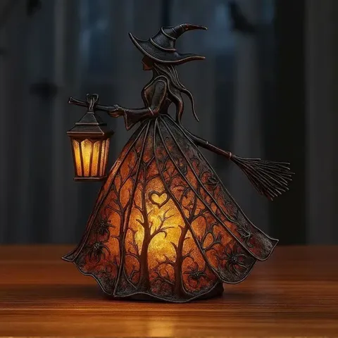 Lámpara de Bruja de Halloween Lámpara de Mesa de Resina LED Luz Nocturna Luminosa Adorno de Escritorio de Festival Decoración de Fiesta