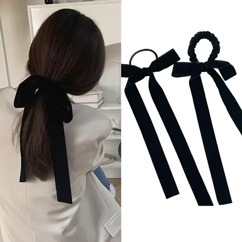 French Retro Velvet Bow Hair Tie Long Ribbon Ponytail Holder Elastic Hair Ropes Daily Hair Accessories For Women