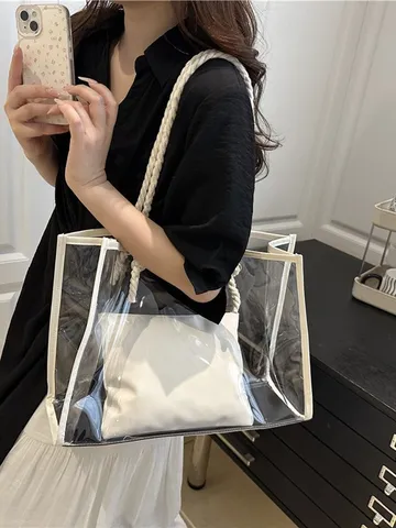 Sac Cabas Transparent en PVC pour Femmes Grande Capacité Sac Bandoulière Jelly Décontracté Sac à Main d'Été avec Pochette Intérieure