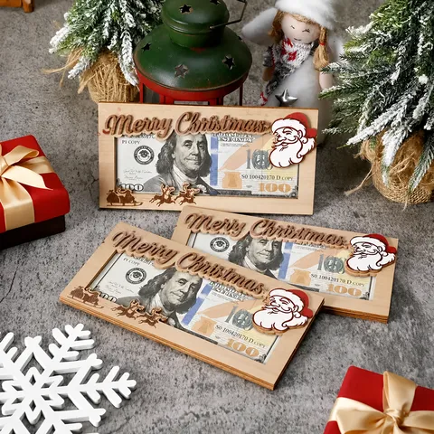 Wooden Christmas Money Holder Cash Envelope Box Personalized Wooden Wallet Christmas Tree Gift Card Holder For Holiday Party