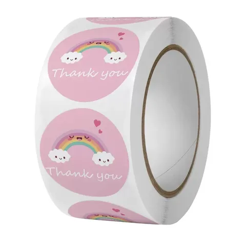 Round Thank You Stickers Cartoon Cat Dog Rainbow Hand Drawn Cute Decorative Labels For Gift Packaging DIY Decoration Roll