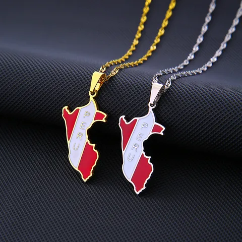 Edelstahl Peru Karte Und Flagge Anhänger Halskette Vintage Öltropfen Geometrisch Schlüsselbein Kette Schmuck Geschenk Für Damen