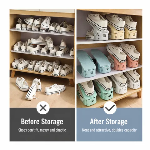 Double Layer Shoe Rack Adjustable Space Saving Shoe Organizer Plastic Holder For Closet Entryway Dorm Home Storage