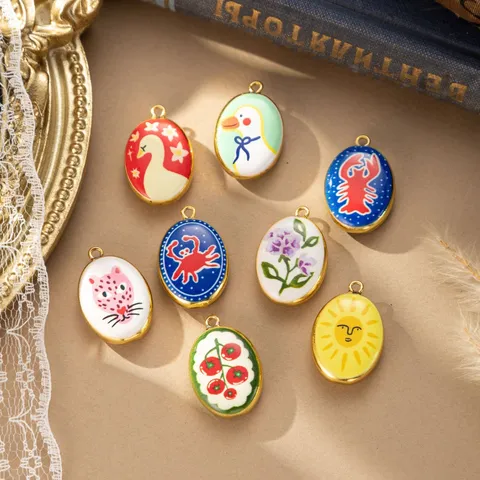 Handmade Ceramic Double Sided Hand Painted Pendant Electroplated Cute Animal Flower DIY Jewelry Making Charm Accessories