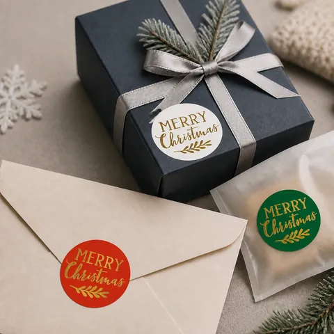 Festive Christmas Round Sealing Stickers Gold Stamped Merry Christmas Decals For Holiday Gift Boxes Packaging Envelopes