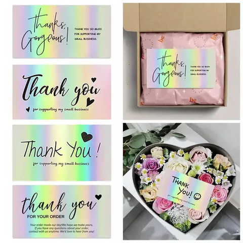 Holographic Laser Thank You Cards Small Business Packaging Decoration Shiny Foil Greeting Cards Blank Note Cards