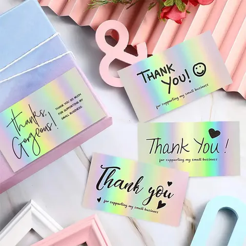 Holographic Laser Thank You Cards Small Business Packaging Decoration Shiny Foil Greeting Cards Blank Note Cards
