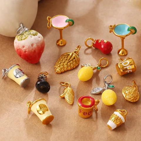 Colgante DIY de Acero Inoxidable Lindo Fresa Taza de Café Vaso de Cóctel Amuleto de Fruta Accesorios de Joyería de Moda para Hacer Pulseras Collares