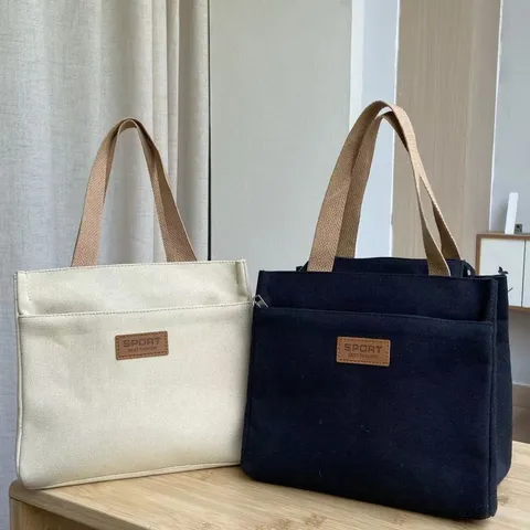 Portable Canvas Lunch Bag Minimalist Tote Bag Cute Bear Patch Handbag Casual Office Commuter Tote Bag Small Handbag