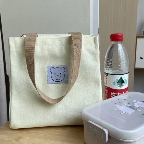 Portable Canvas Lunch Bag Minimalist Tote Bag Cute Bear Patch Handbag Casual Office Commuter Tote Bag Small Handbag