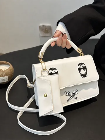 Borsa a Tracolla da Donna Moda in Pelle PU Gotico Stampa Teschio Piccola Borsa Quadrata Pochette Staccabile Borsetta Giornaliera Urbano Chic