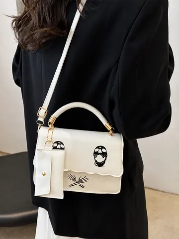 Borsa a Tracolla da Donna Moda in Pelle PU Gotico Stampa Teschio Piccola Borsa Quadrata Pochette Staccabile Borsetta Giornaliera Urbano Chic