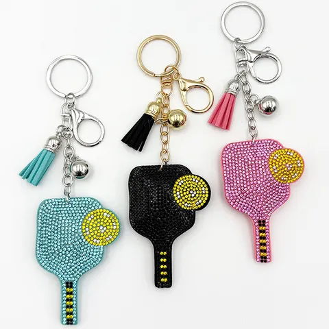 Rhinestone Tennis Racket Keychain With Tassel Pendant Cute Crystal Bag Charm Metal Key Ring Accessory For Women