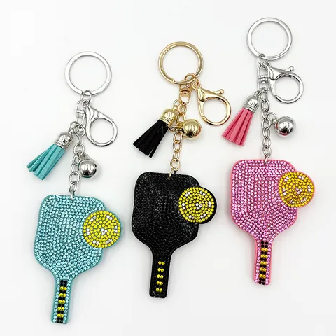 Rhinestone Tennis Racket Keychain With Tassel Pendant Cute Crystal Bag Charm Metal Key Ring Accessory For Women
