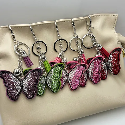 Fashion Butterfly Keychain Rhinestone Tassel Bag Pendant Alloy Key Chain Ring Charm For Women Daily Accessories